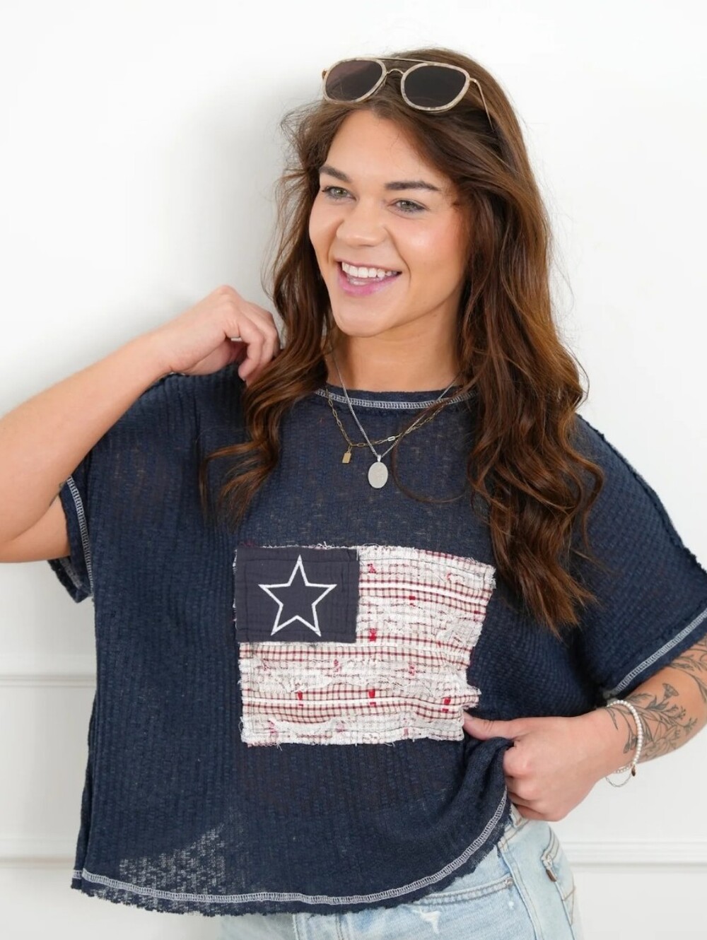 POL Navy Short Sleeve Top with Star Patch